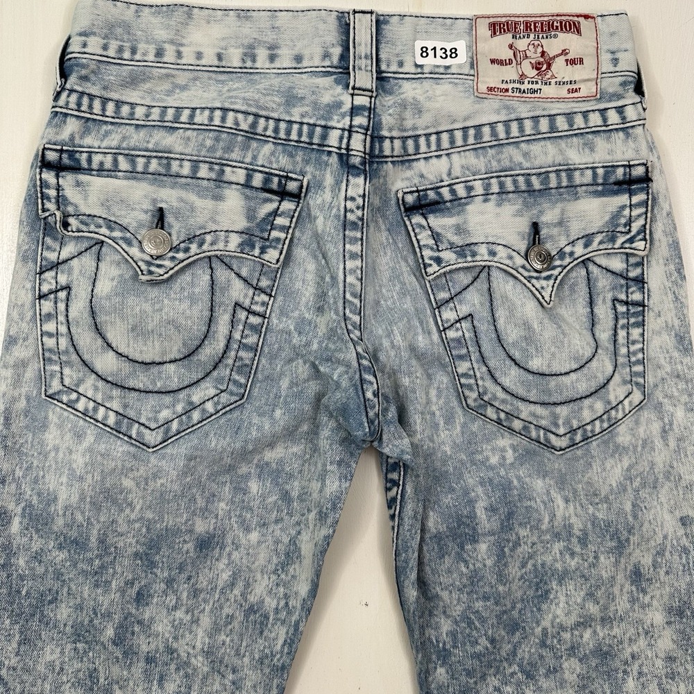 VTG True Religion Acid Wash Straight Jeans Men 31x32 Blue Distressed Flap Pocket
